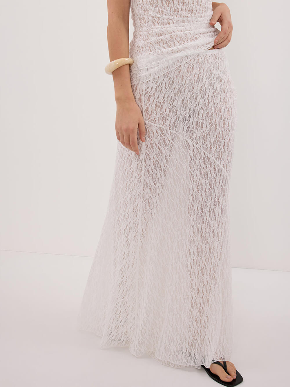 Delicate White Layered Eyelet Lace Maxi Skirt