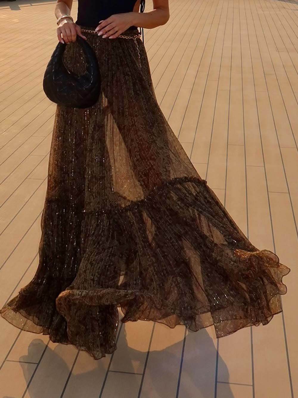 Elegant Chiffon Print Ruffle A-Line Maxi Skirt