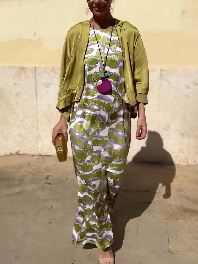 Fashion Satin Tie-Dye Printed Slit Vest Maxi Dress