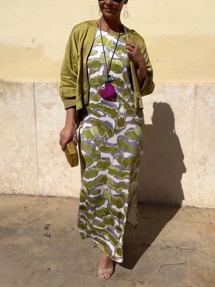 Robe longue fendue en satin imprimé tie-dye tendance