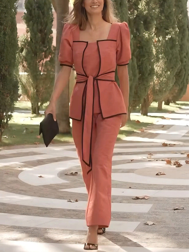 Elegant Puff Sleeve Black Piping Lace-up Shirt