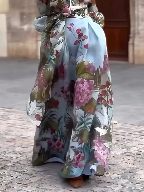 Eleganter A-Linien-Rock mit Aquarell-Blumenmuster und Schnürung