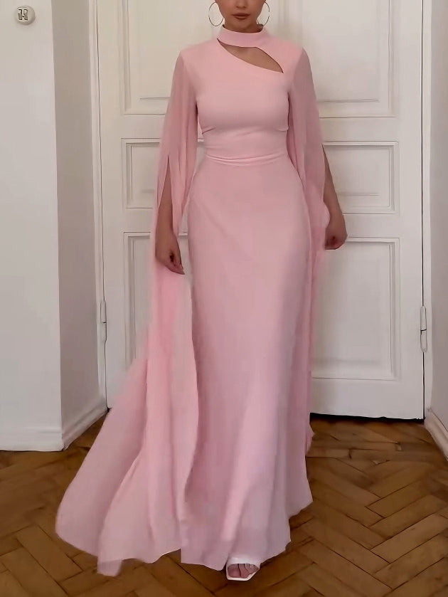 Elegantes Maxikleid mit kleinem Stehkragen und Chiffonärmeln