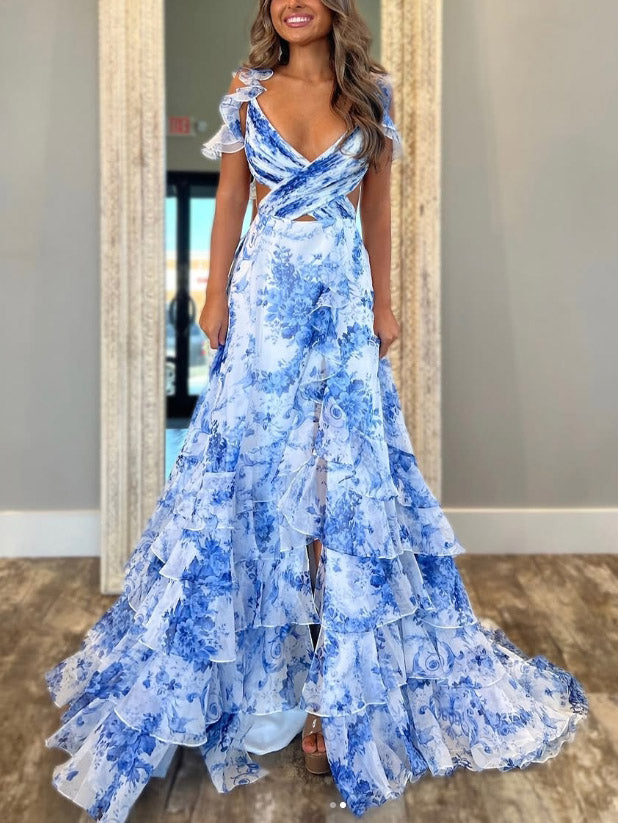 Elegant Printed V-neck Ruffled Flowy Maxi Dress