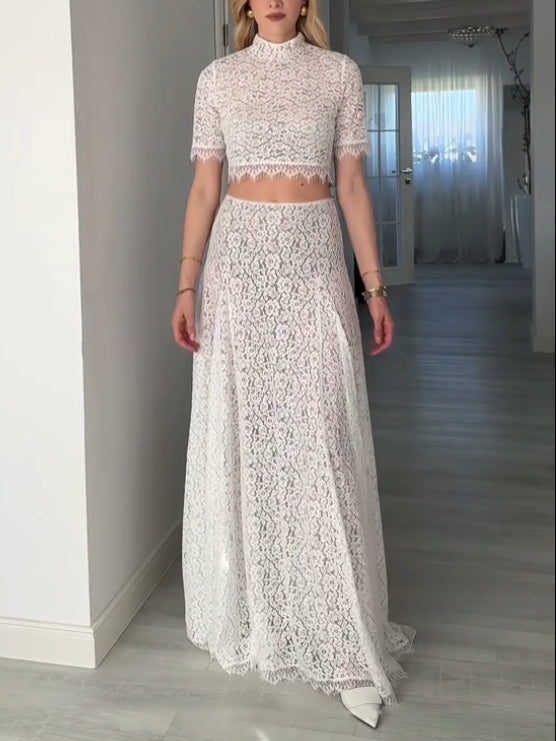 Elegant Hollow Lace Wide Swing Skirt