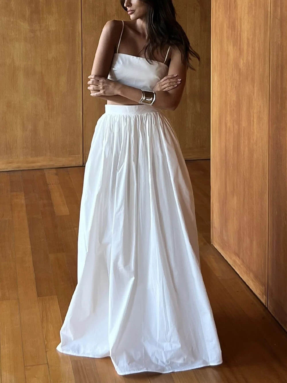 Exquisites, sexy Chambray-Set mit kurzem Oberteil und lockerem Maxirock