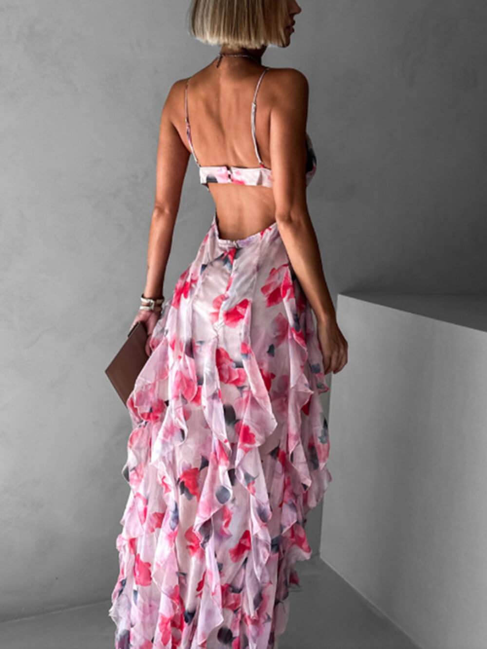 Fashionable Chiffon Printed Off-Shoulder Slit Maxi Dress
