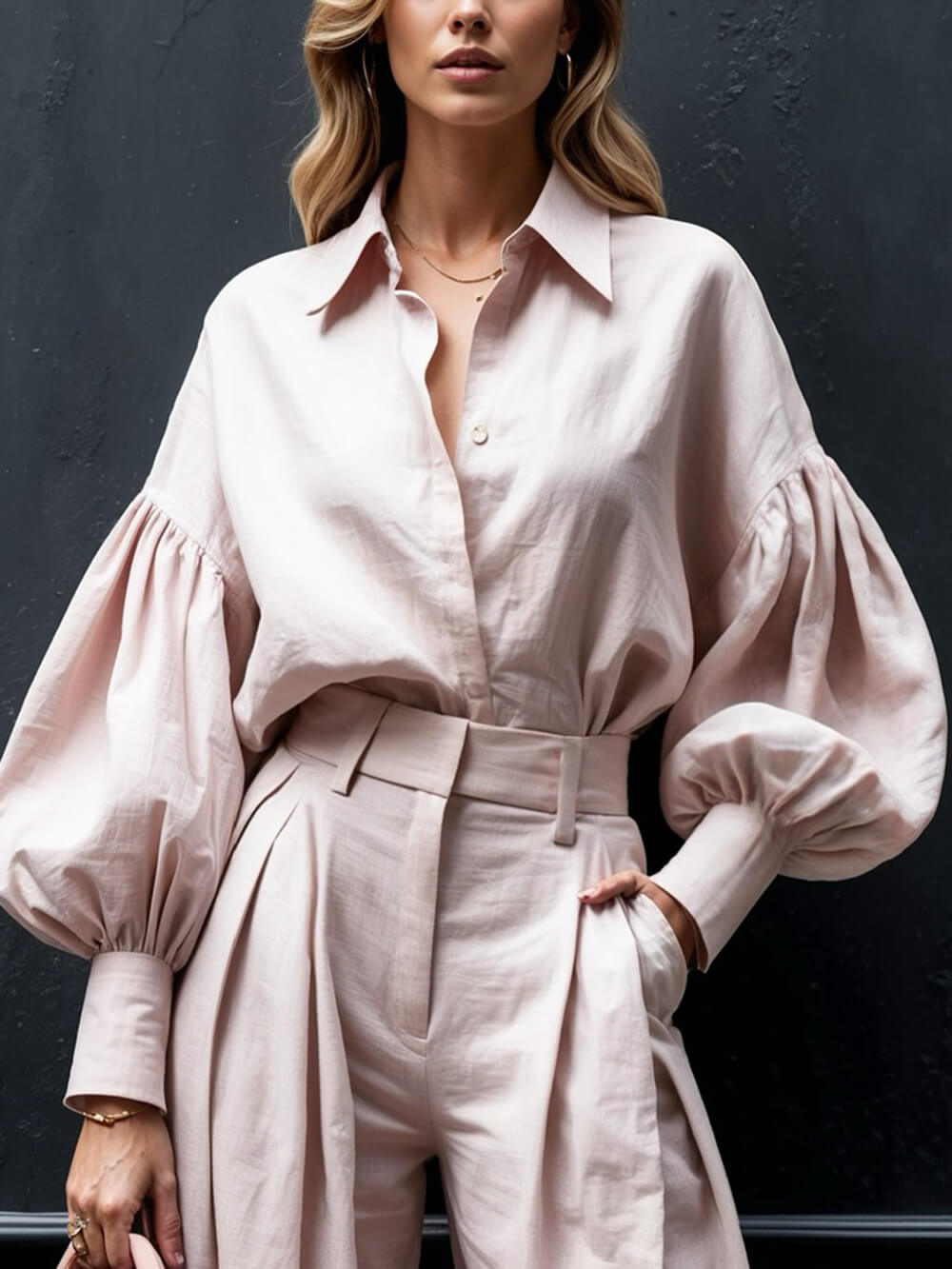 Chemise ample boutonnée surdimensionnée à manches lanternes, couleur unie, décontractée et tendance