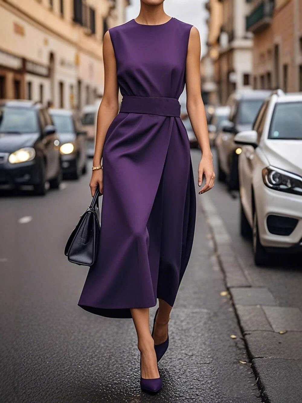 Elegantes, plissiertes, einfarbiges, ärmelloses, lässiges Midikleid mit Rundhalsausschnitt