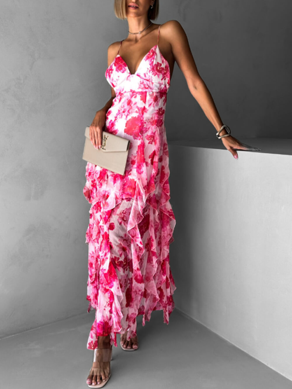Fashionable Chiffon Printed Off-Shoulder Slit Maxi Dress