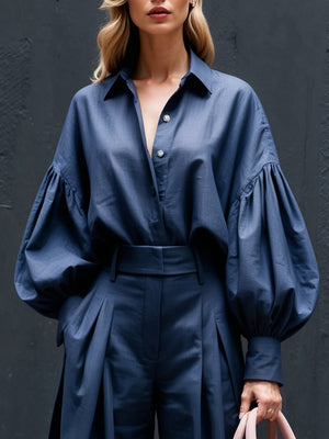 Chemise ample boutonnée surdimensionnée à manches lanternes, couleur unie, décontractée et tendance