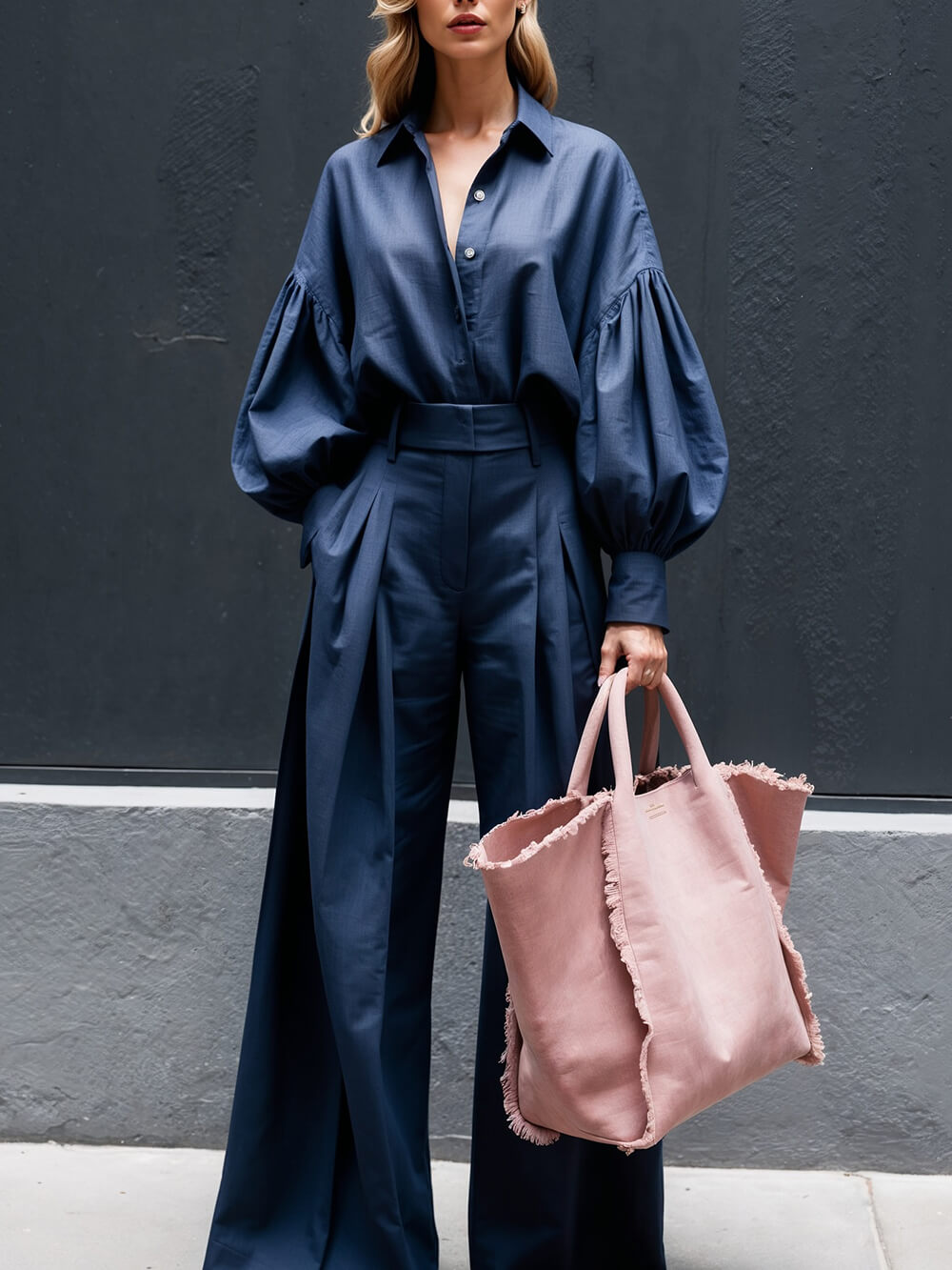 Pantalon large taille haute à poches plissées, couleur unie, décontracté et tendance