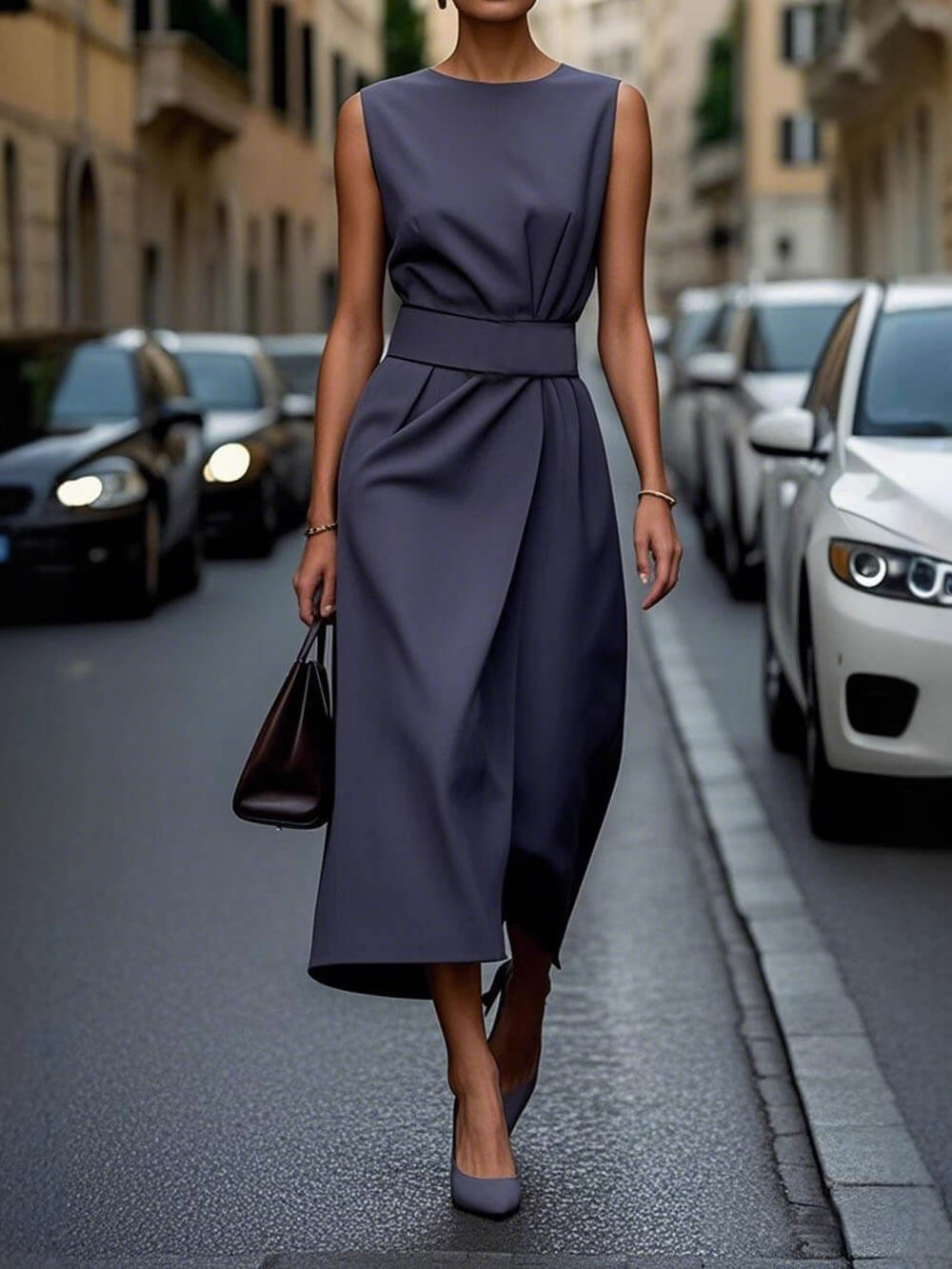 Elegantes, plissiertes, einfarbiges, ärmelloses, lässiges Midikleid mit Rundhalsausschnitt