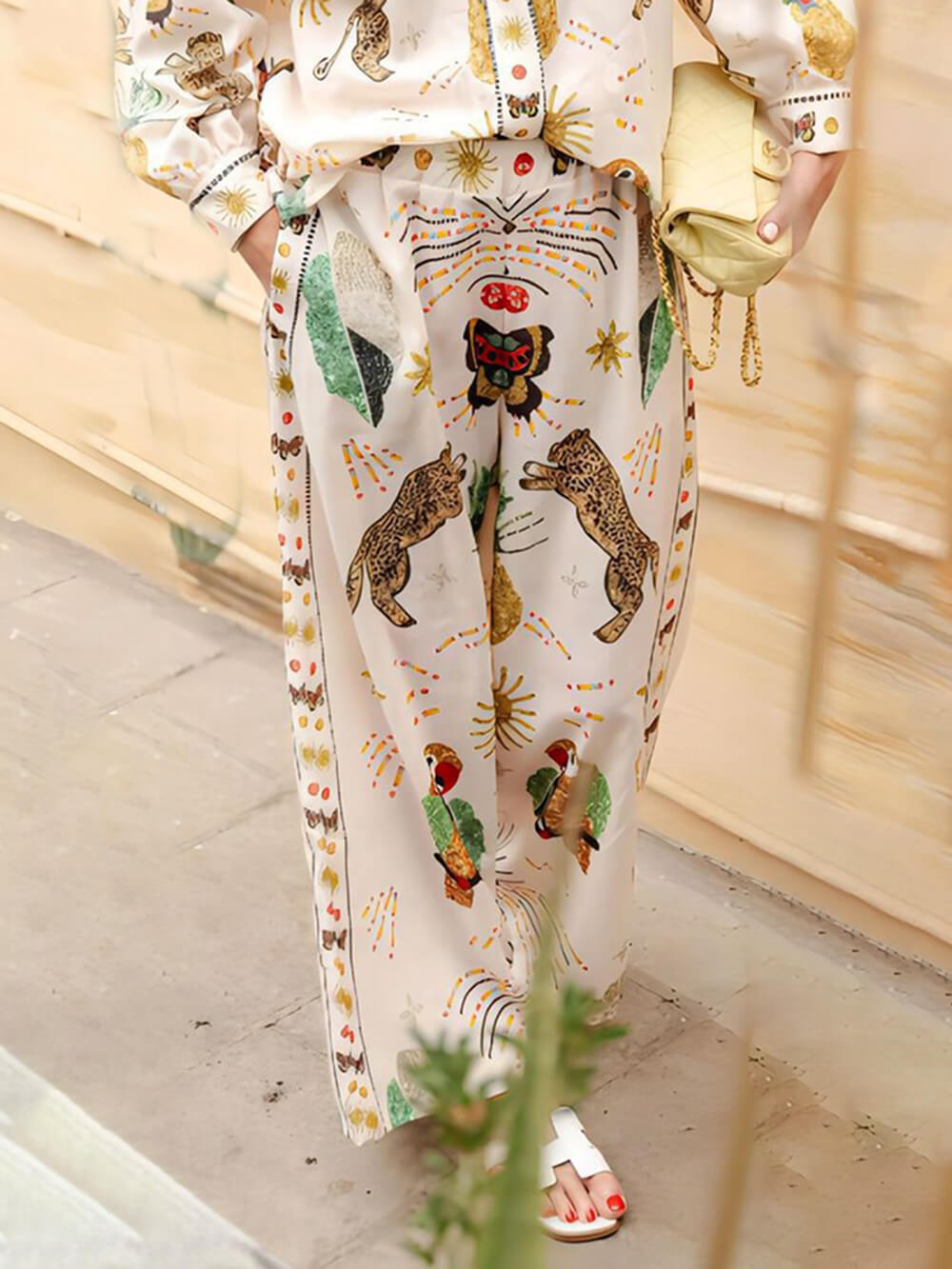 Fashionable Tiger Pattern Print Linen Loose Pocket Wide-Leg Pants