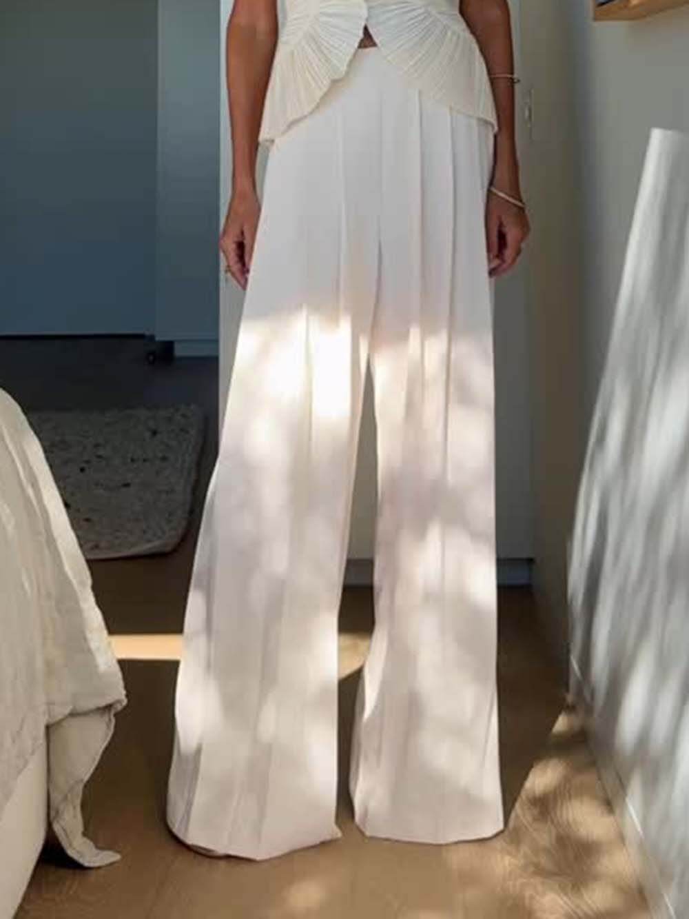 Classic High-Waist Pleated Pockets Wide-Leg Pants