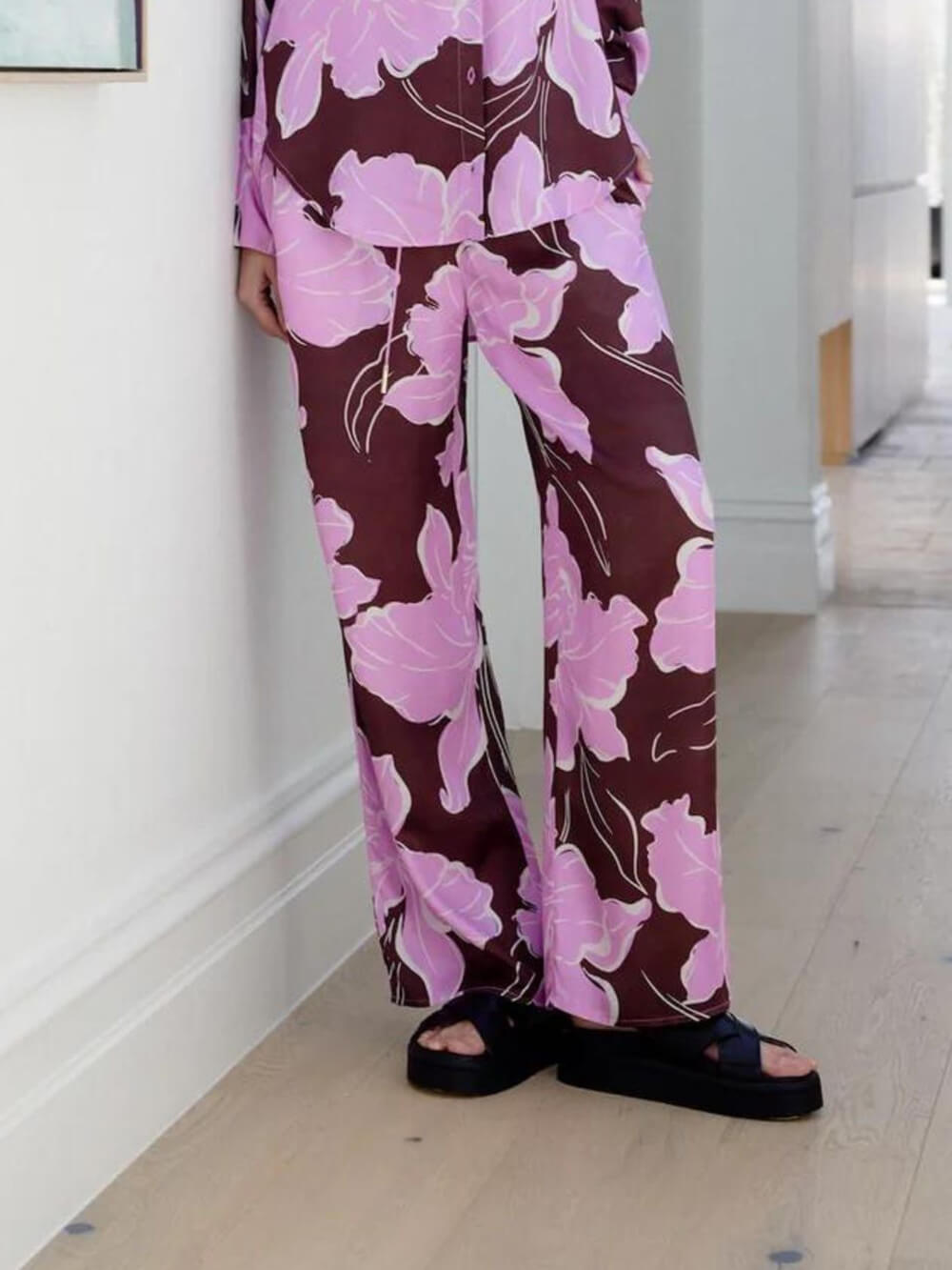 Casual Magnolia Print Elastic Waist Tie-Pocket Straight Pants