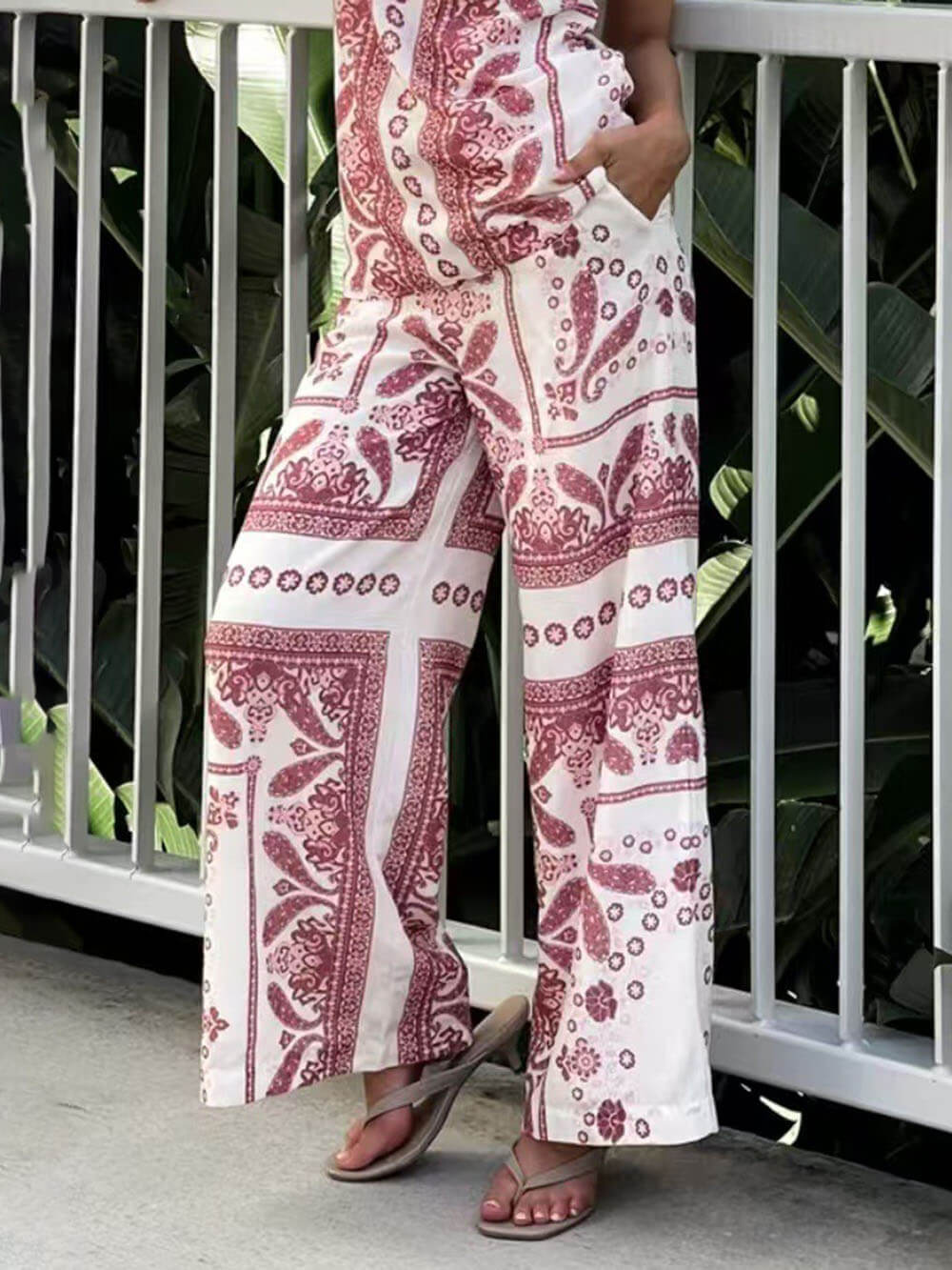 Modern Unique Floral Print High Waist Pocket Wide Leg Pants