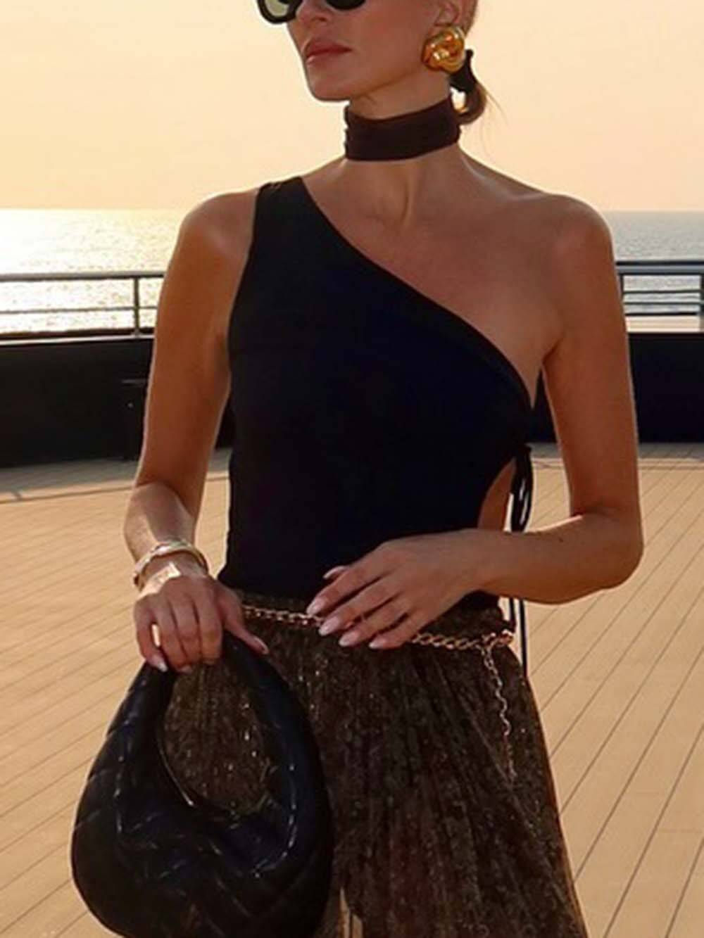 Asymmetrical Tie Cutout Bodycon Bodysuit