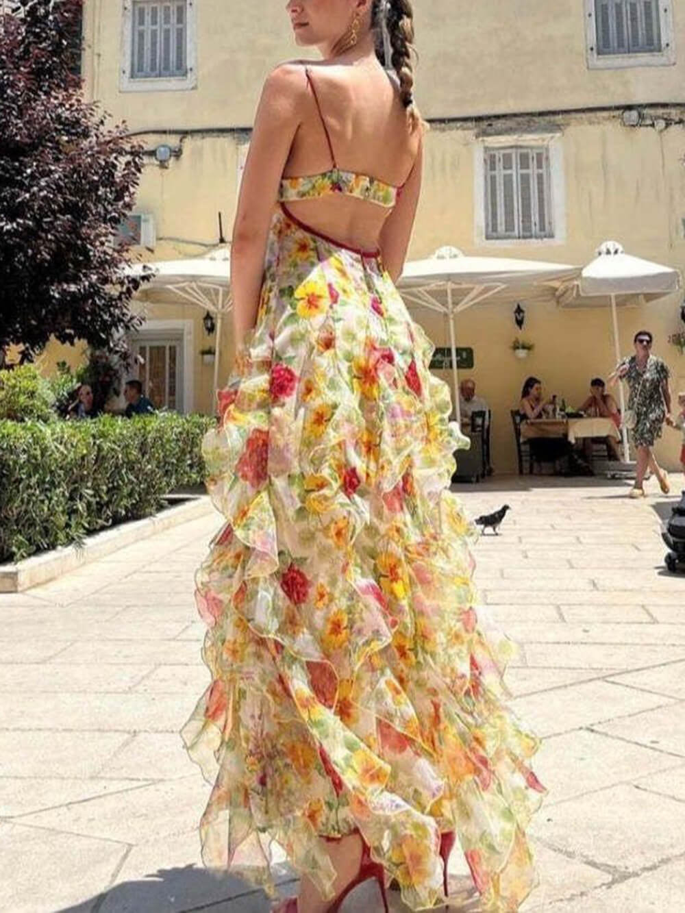 Fashionable Chiffon Printed Off-Shoulder Slit Maxi Dress