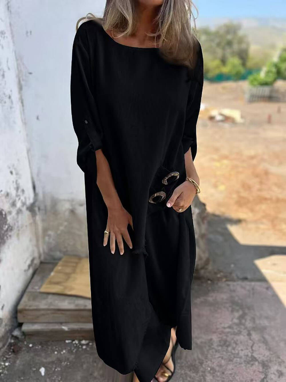 Ensemble décontracté et unique avec boutons irréguliers et poches, pantalon élastique