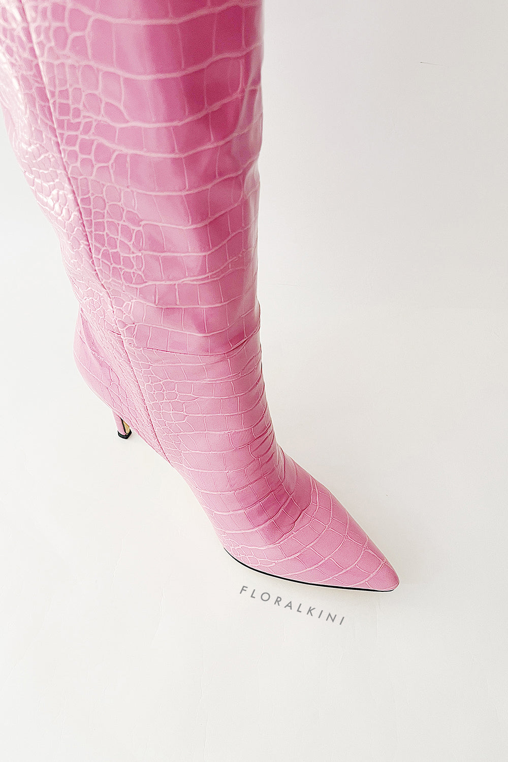Croc-Effect Faux Leather Pointed Toe Stiletto Heel Knee High Boots - Pink
