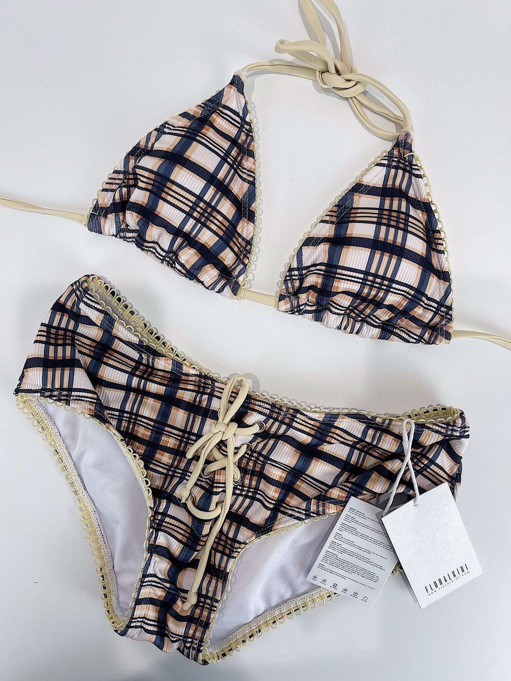 Brown Checked Triangle Halter Bikini Top And Lace-Up Pant Short Bikini Bottoms