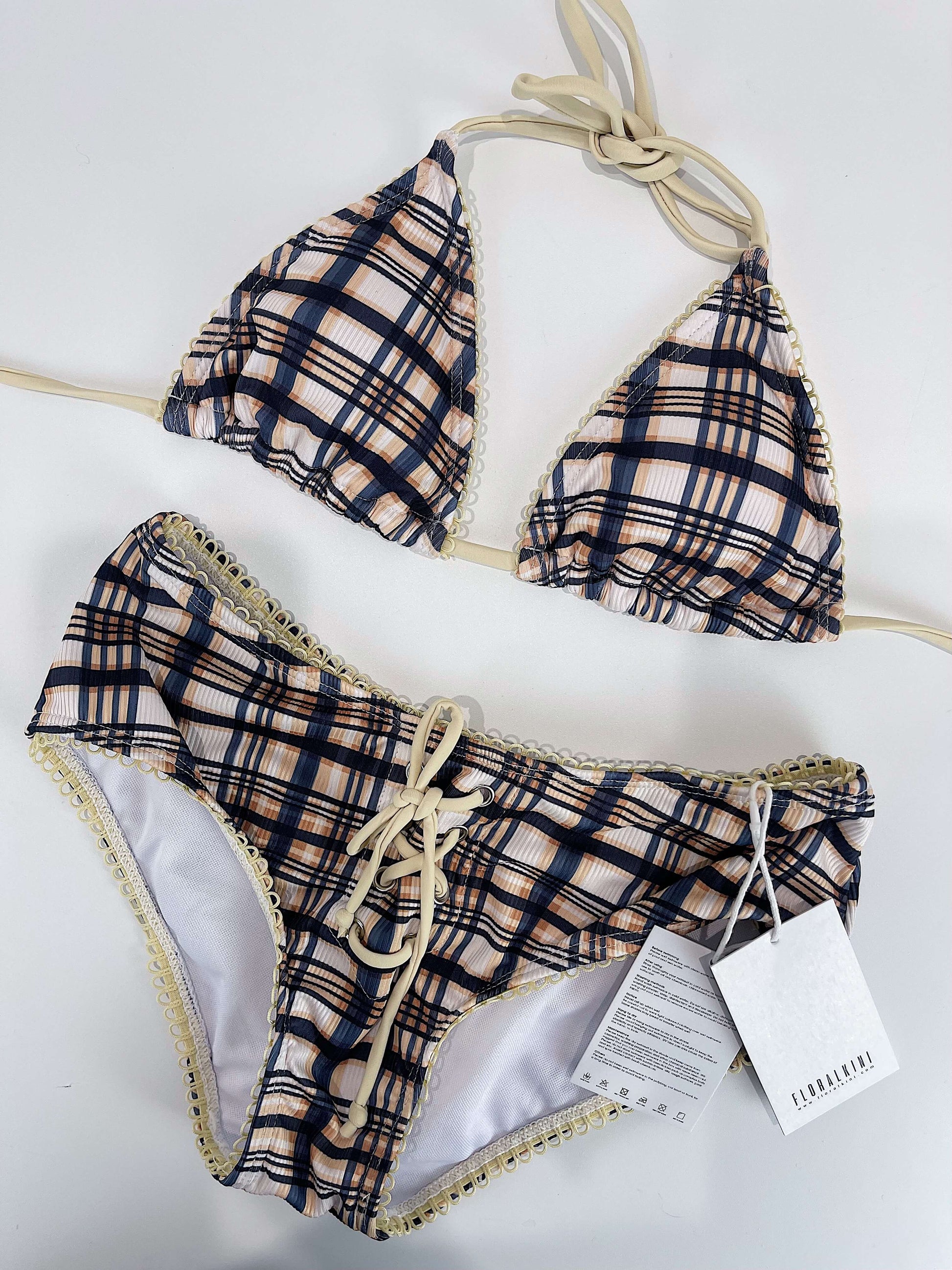 Brown Checked Triangle Halter Bikini Top And Lace-Up Pant Short Bikini Bottoms