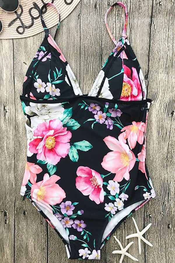Floralkini Floral Print Bralette One Piece Swimsuit