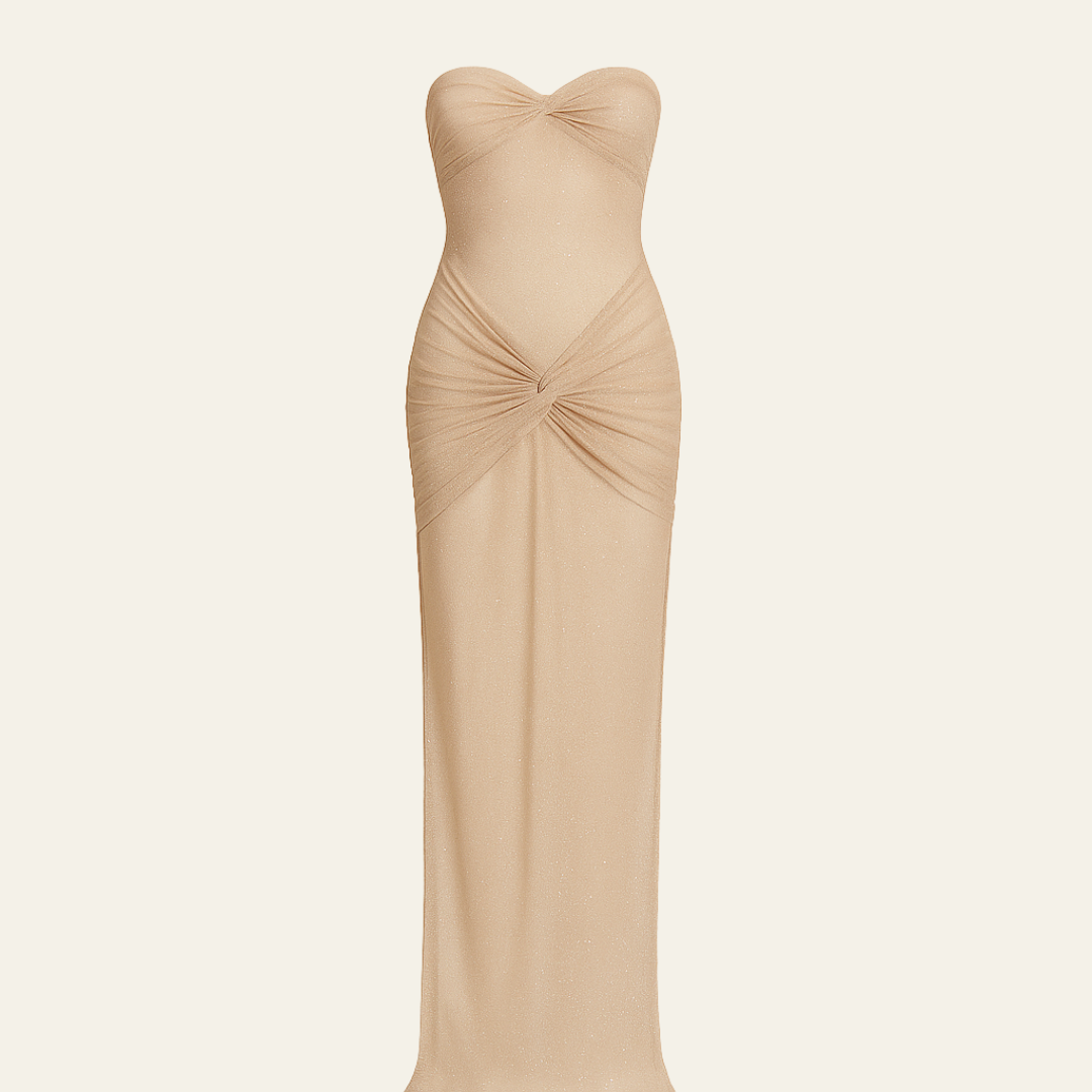 The Monaco Luminescence Evening Draped Maxi Strapless Dress