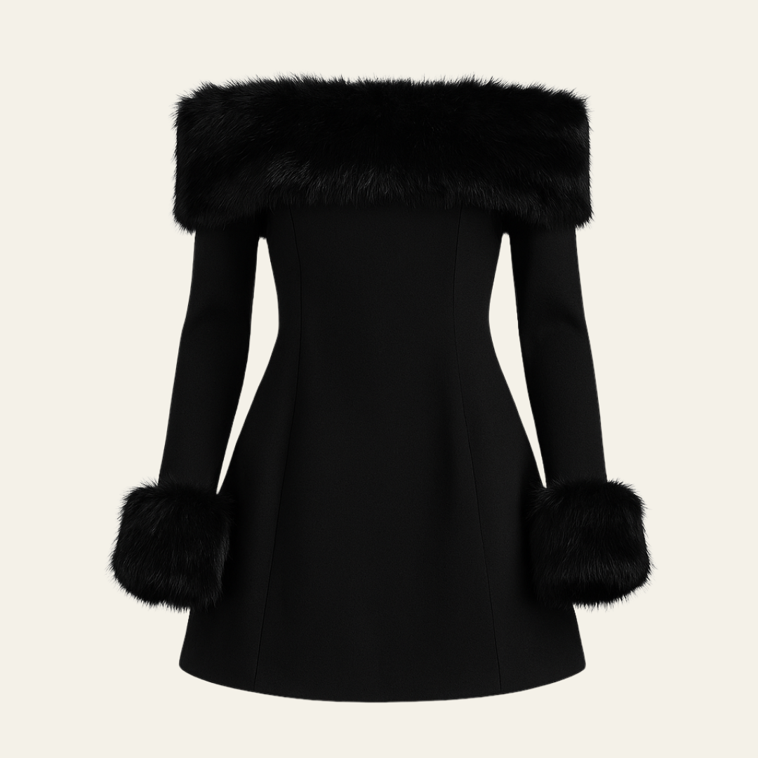 The Valentina Structured Off-Shoulder Faux Fur Mini Dress
