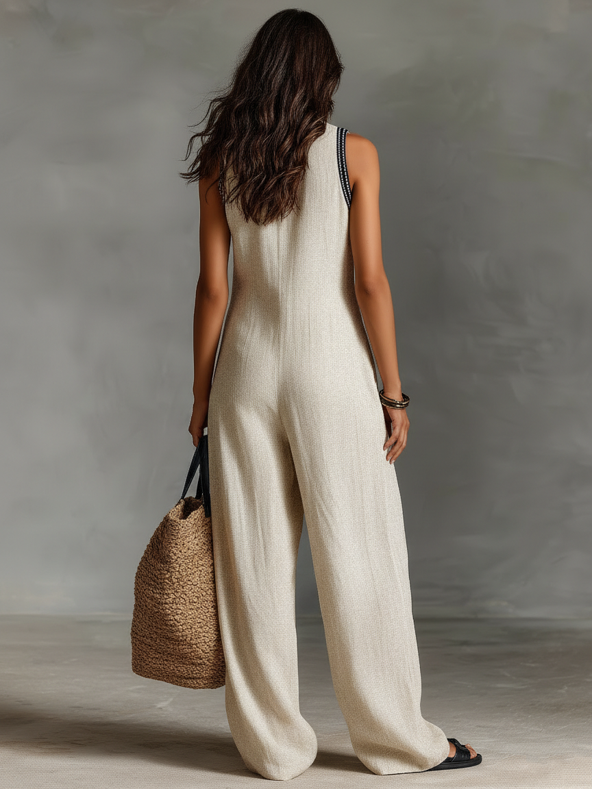 Elizabeth- High Neck Embroidered Zip Jumpsuit