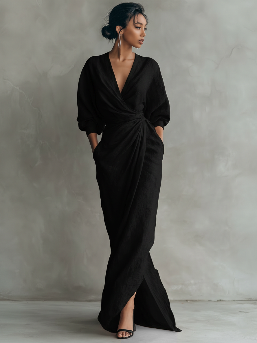Elegant Linen V-Neck Maxi Dress