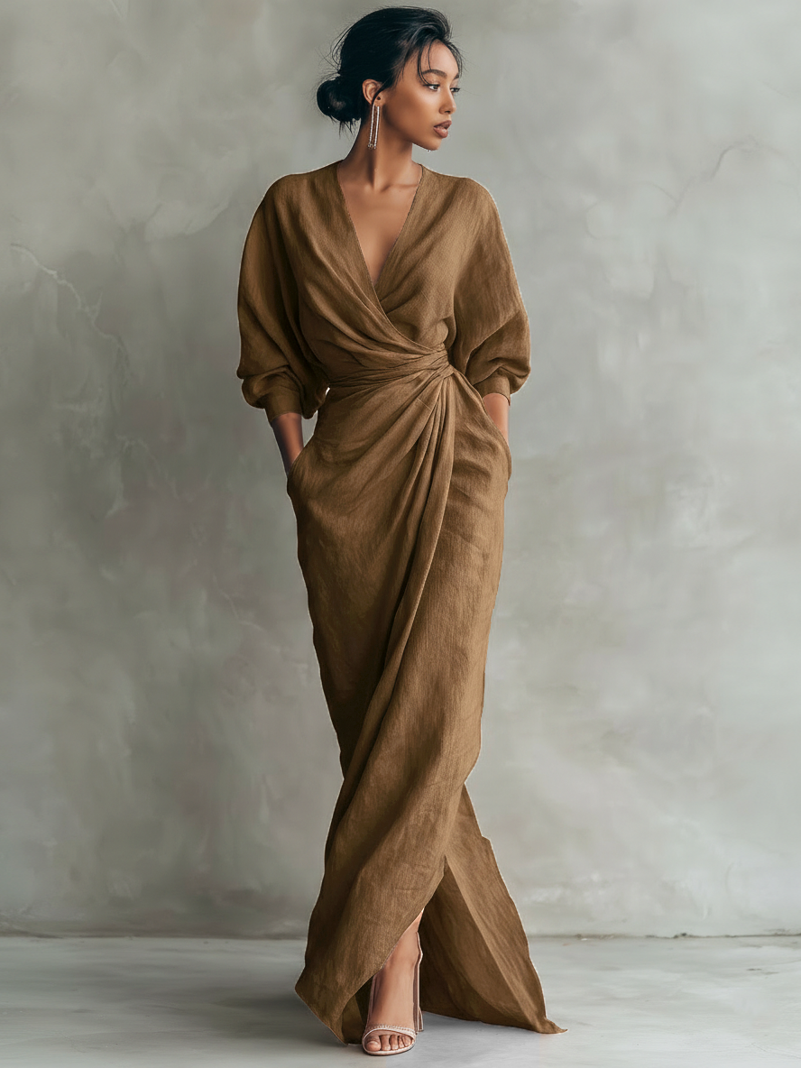 Elegant Linen V-Neck Maxi Dress