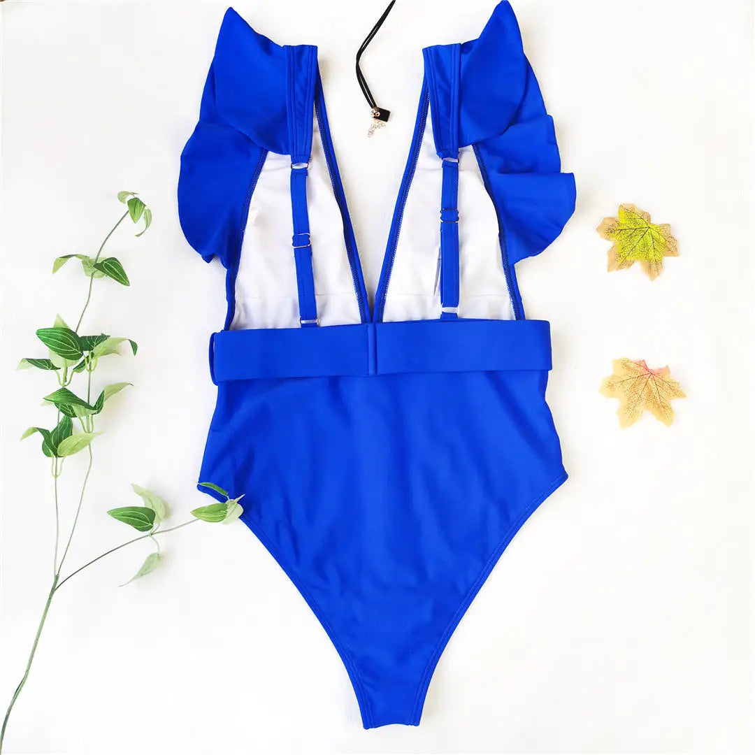 Ruffled White Belted Monokini