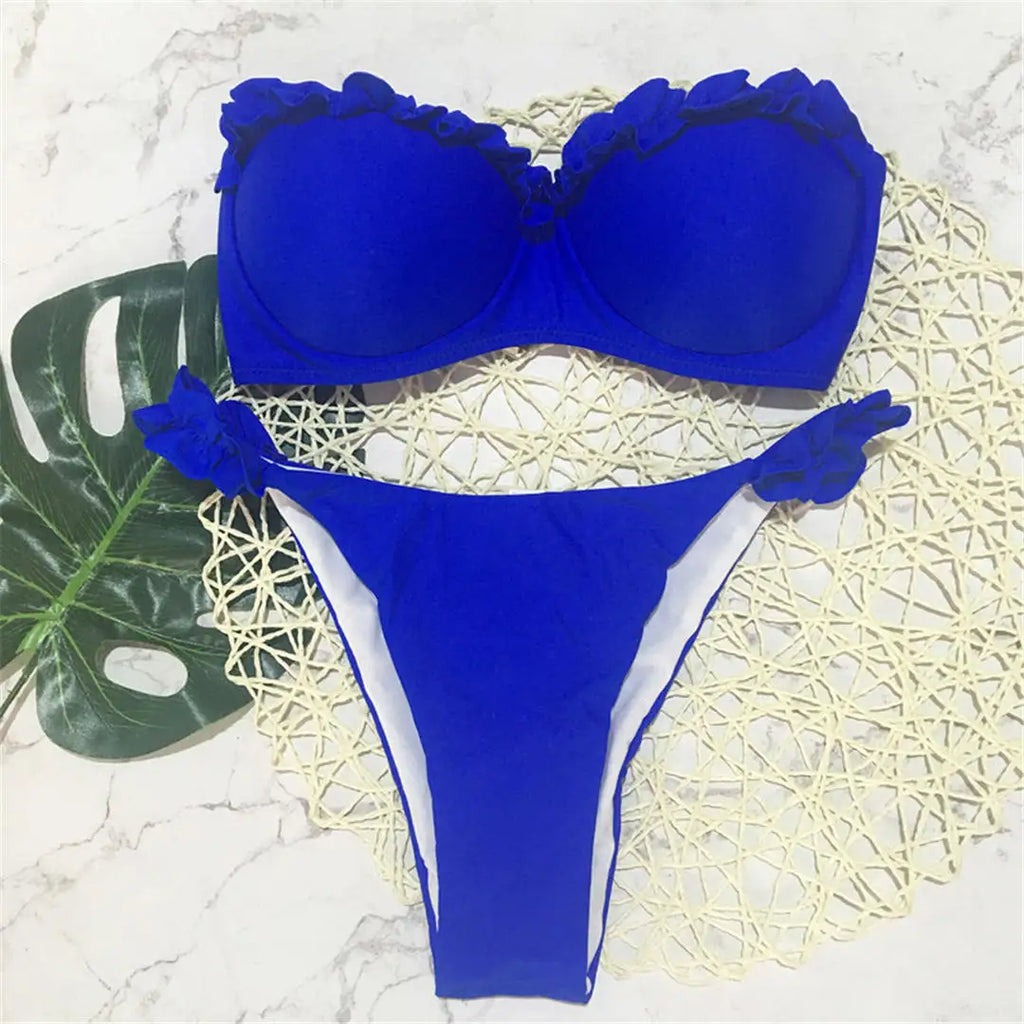 Ruffled Bandeau Push Up Bikini Royal Blue