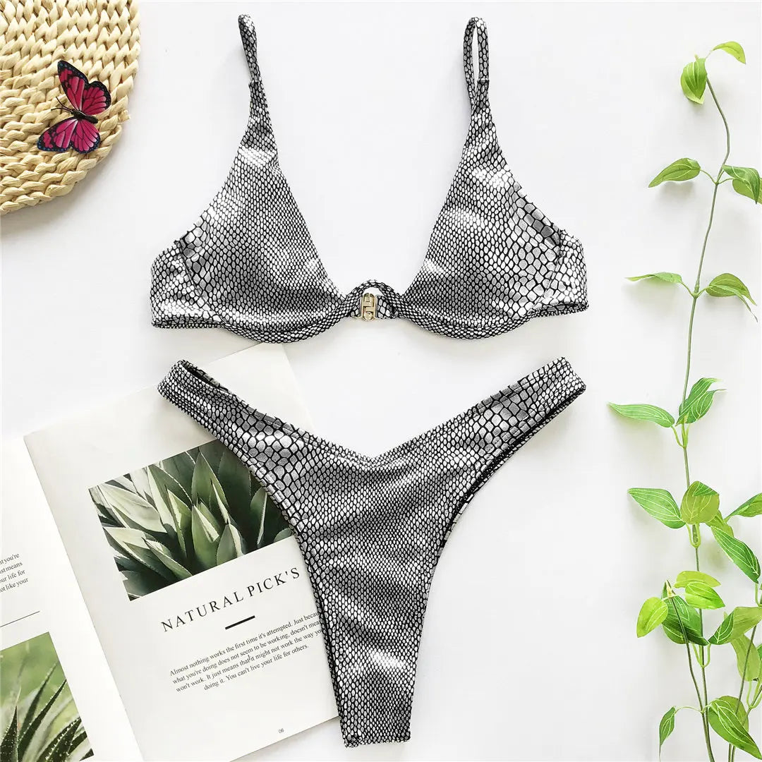 Underwired V-Bar Bikini Set Silver