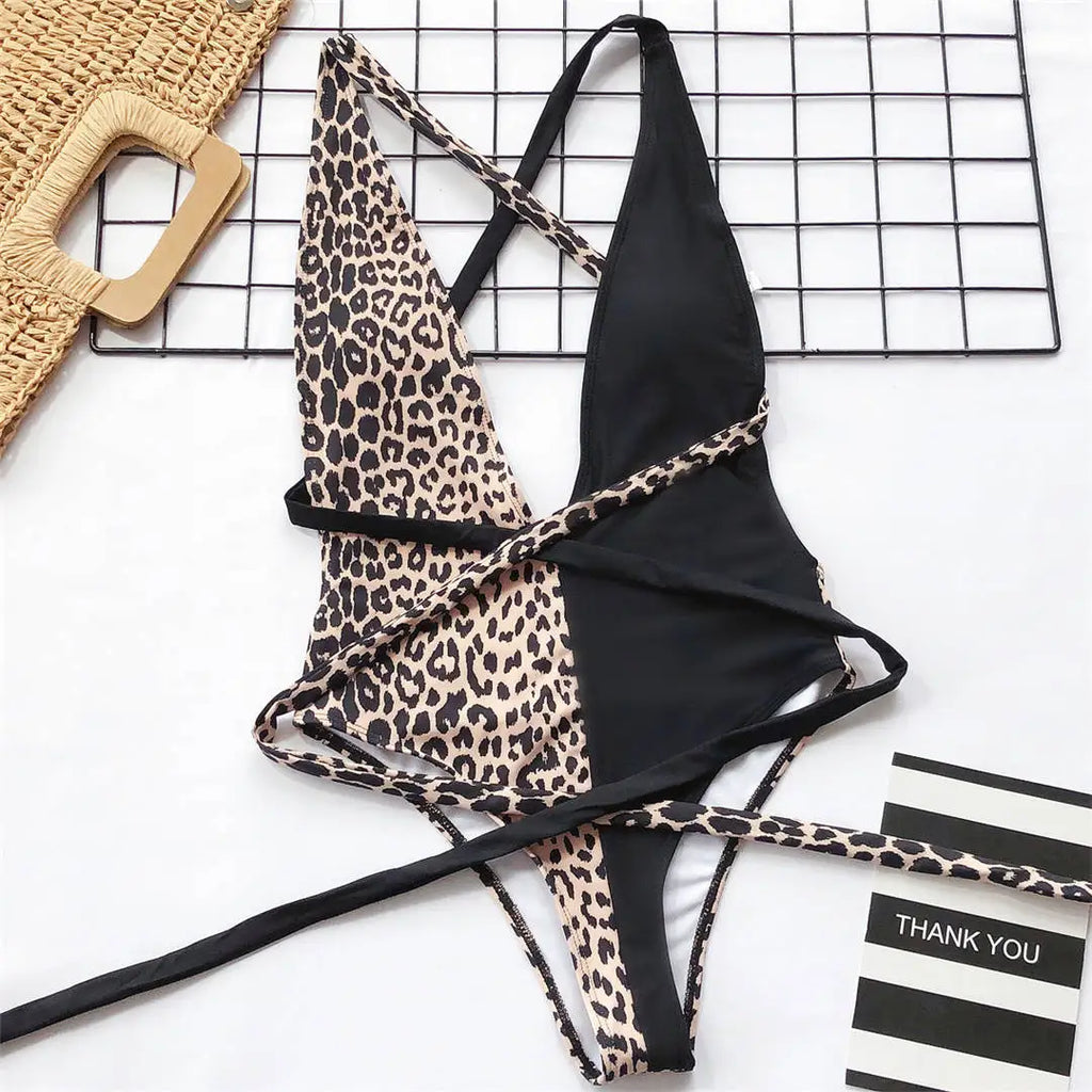 Snake Print Wrap One Piece Swimsuit Leopard Black