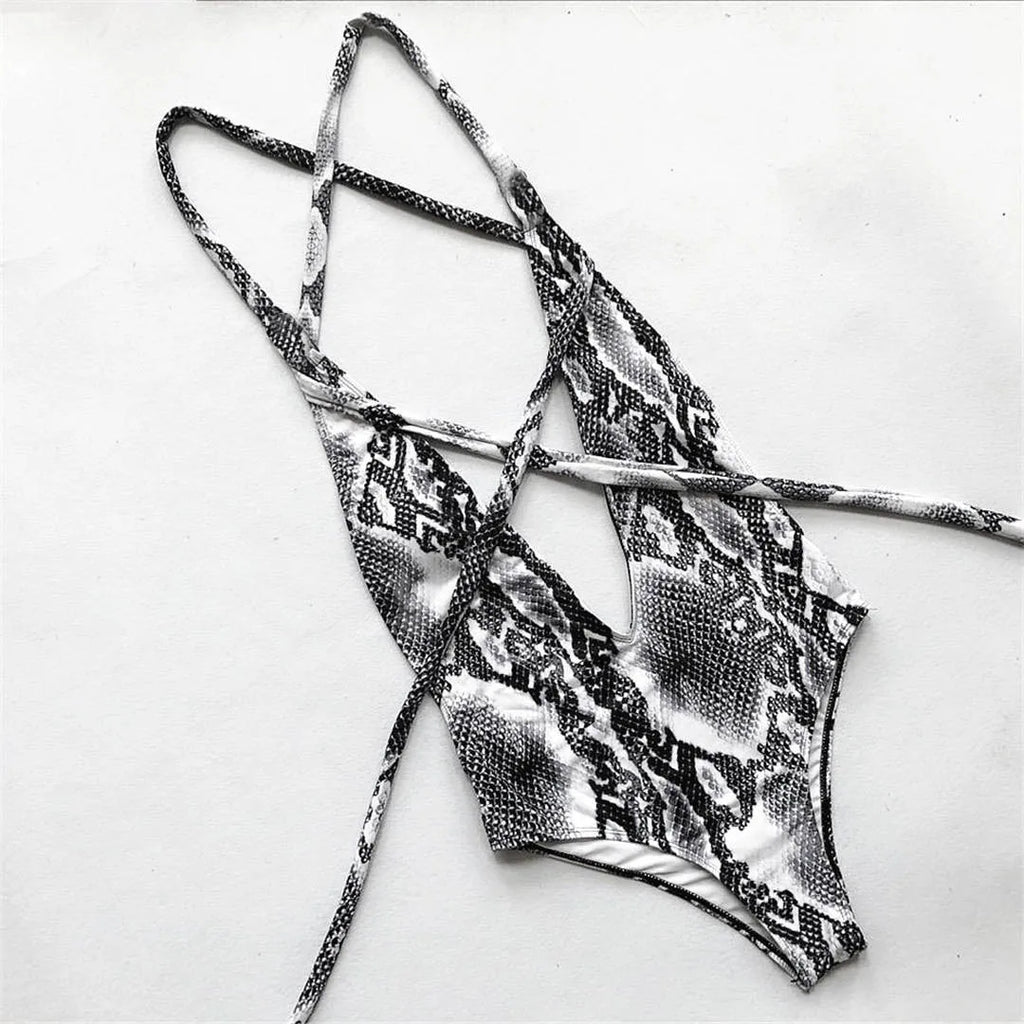 Snake Print Wrap One Piece Swimsuit Black Snake