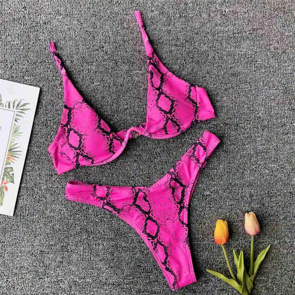 Underwired V-Bar Bikini Set Pink Snake Printed