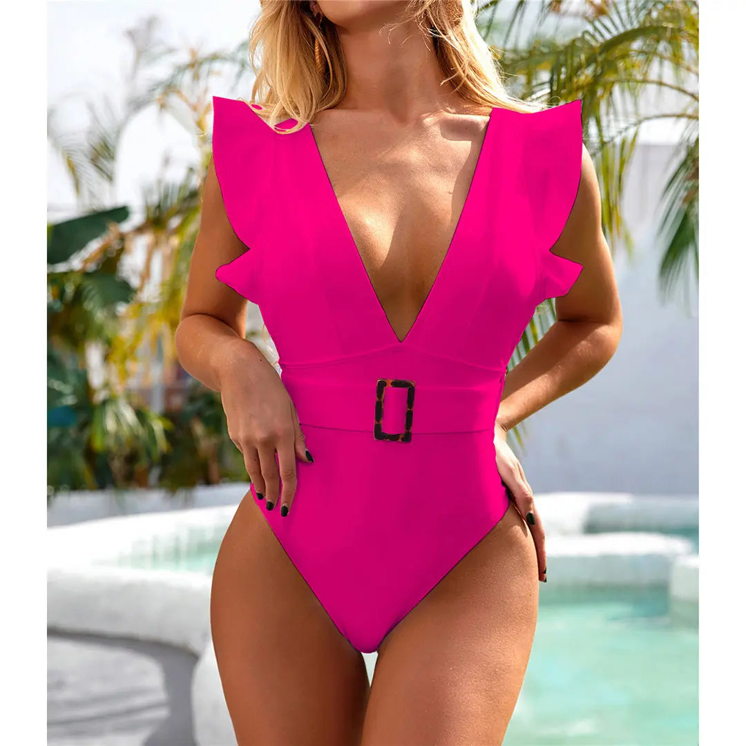 Ruffled White Belted Monokini