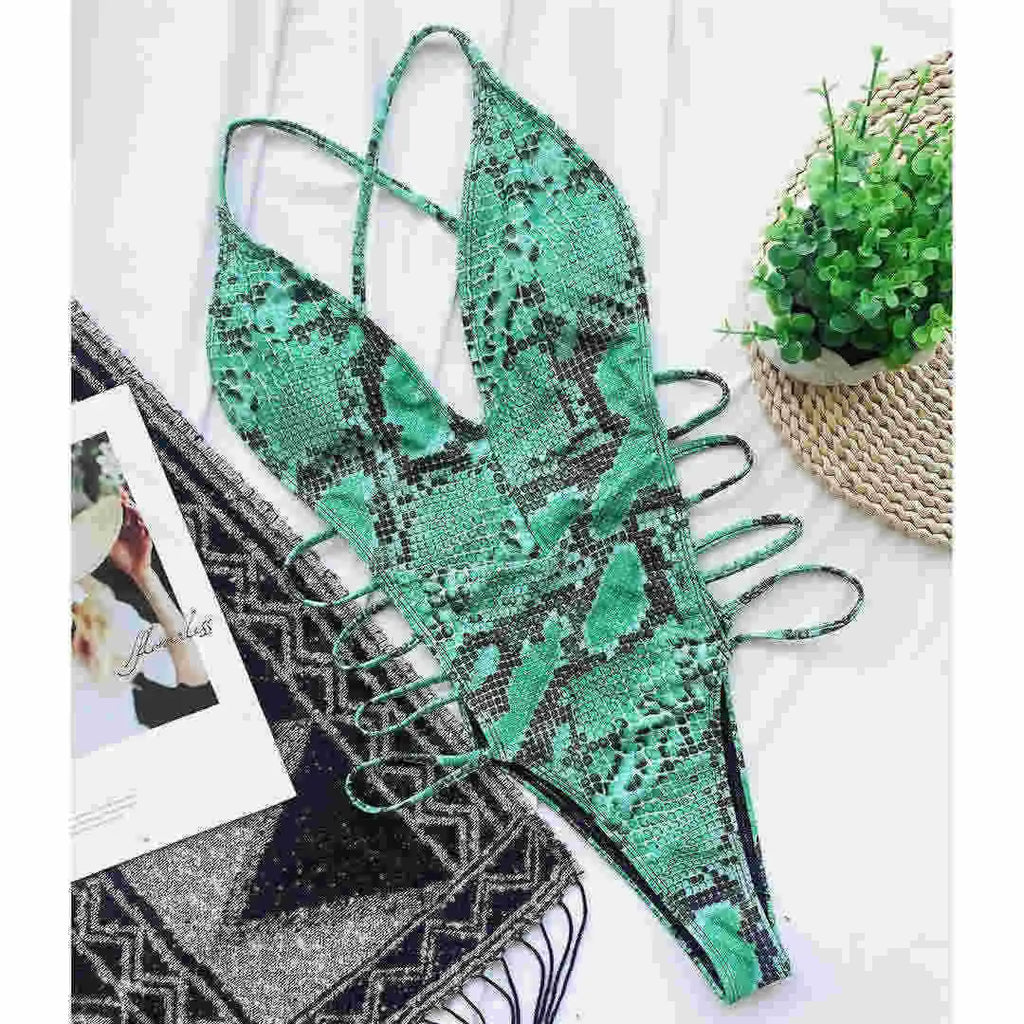 Snake Skin High Cut Monokini Green