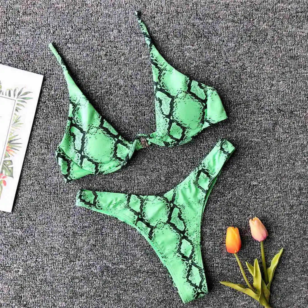 Underwired V-Bar Bikini Set Green Snake Printed