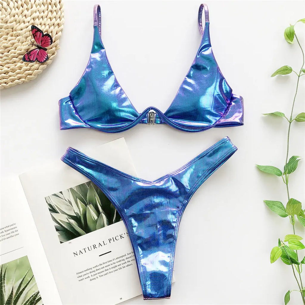 Underwired V-Bar Bikini Set V1991 Blue