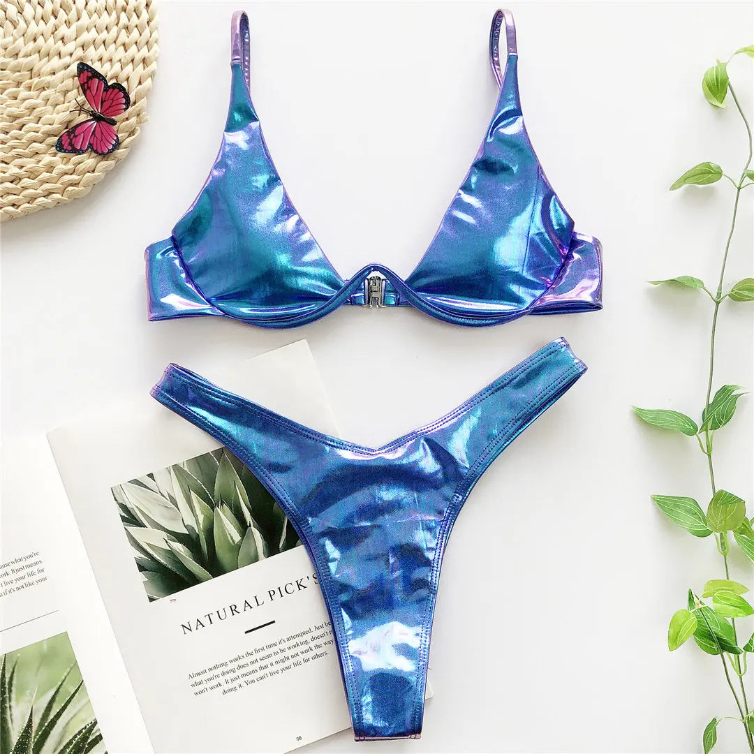 Underwired V-Bar Bikini Set V1991 Blue