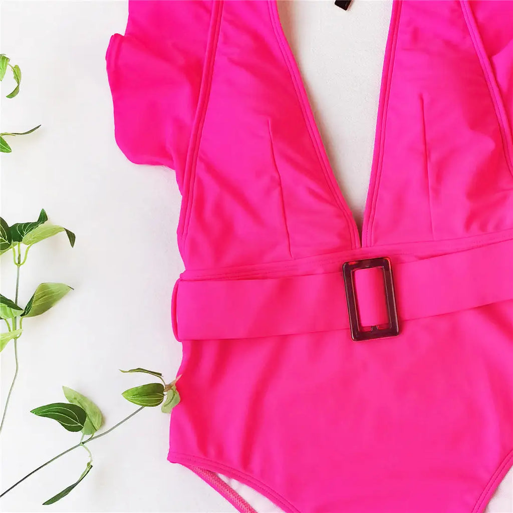 Ruffled White Belted Monokini