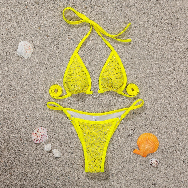 Crystal Bikini With Rhinestone Yellow