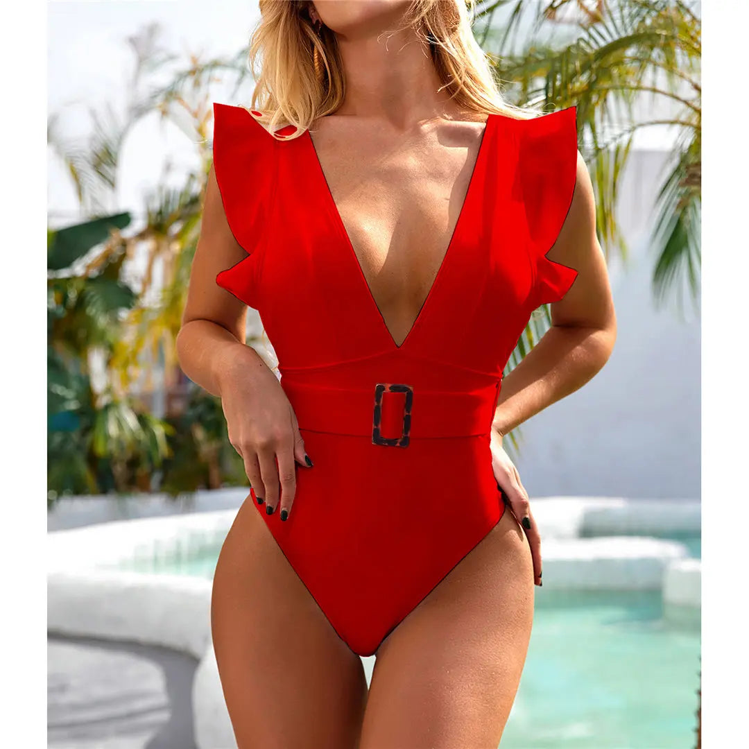 Ruffled White Belted Monokini
