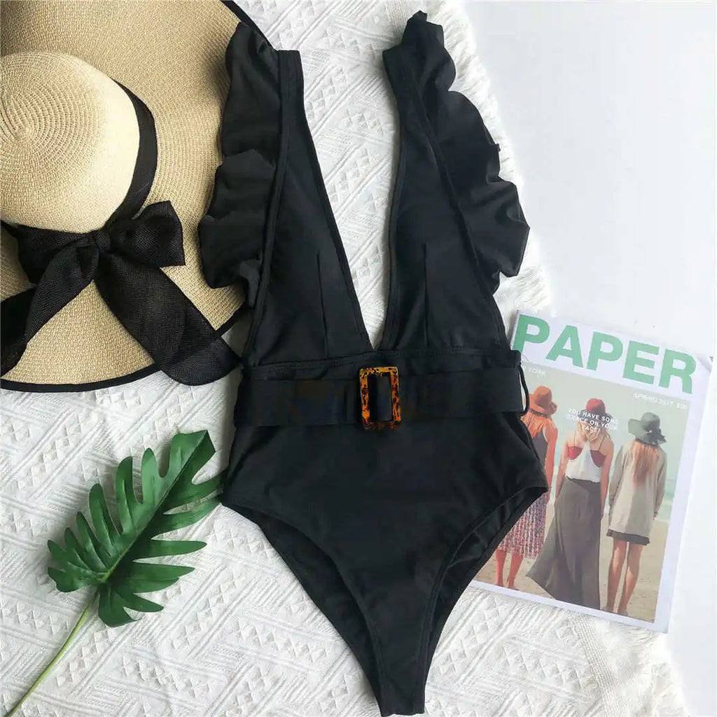 Ruffled White Belted Monokini