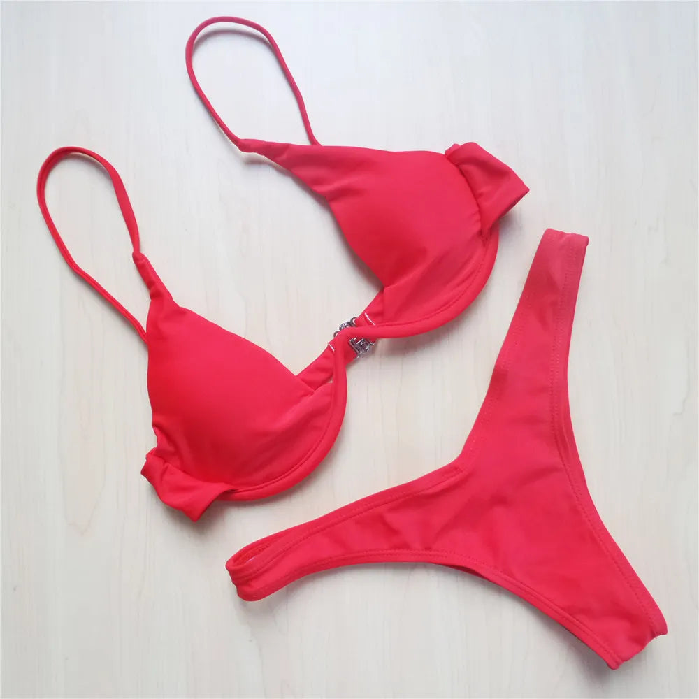 Underwired V-Bar Bikini Set Red