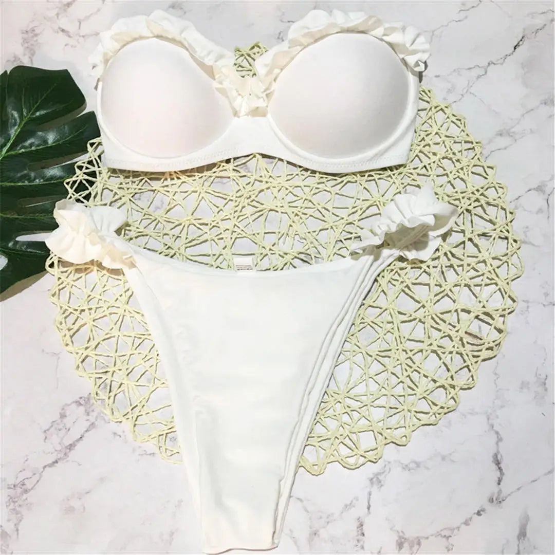 Ruffled Bandeau Push Up Bikini White